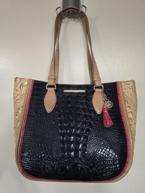 Brahmin Lena Tan-Handle Blue Croc-Embossed Tote with Red Trim